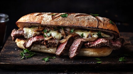 Gourmet Steak Sandwich Grilled Bread Melted Cheese Onions