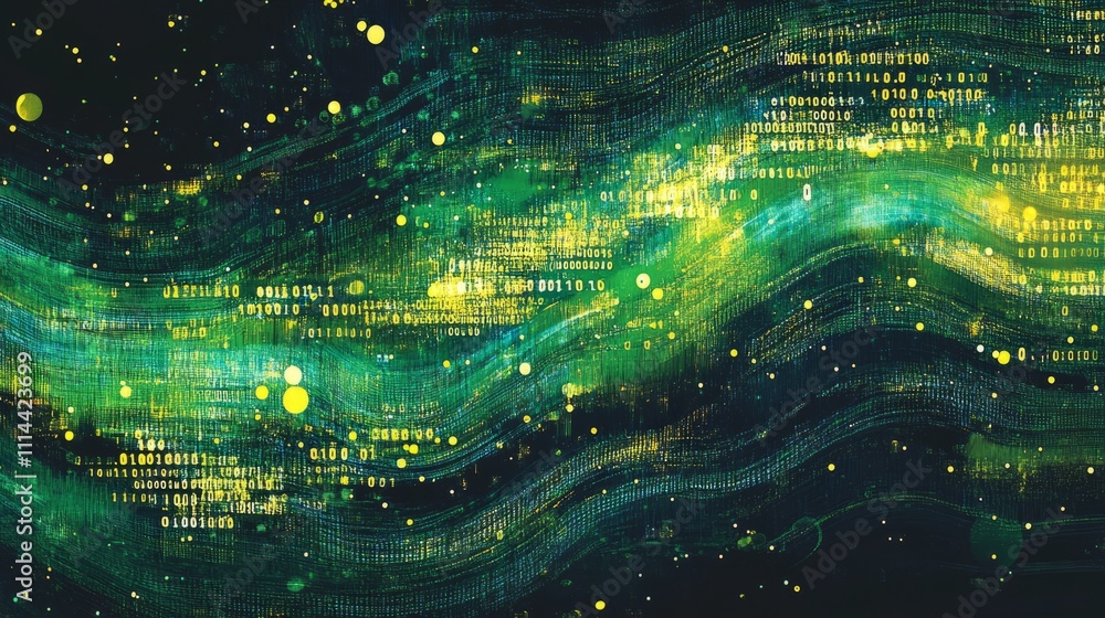 Wall mural flowing stream of binary code in green and yellow hues, representing data transfer and technology