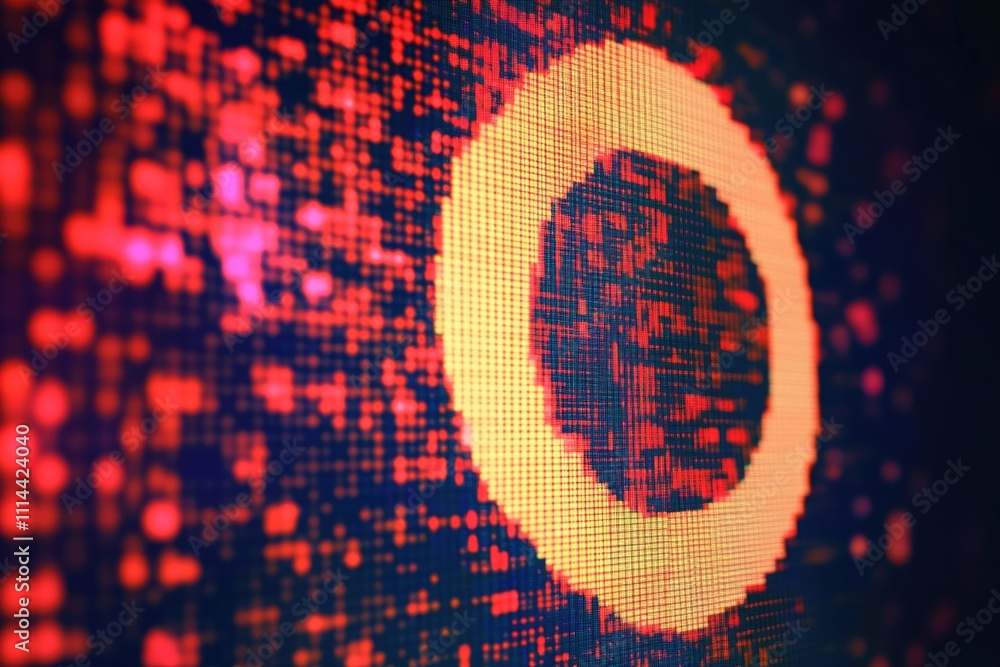 Poster a close-up shot of a computer screen displaying a round icon, suitable for technology-related projec