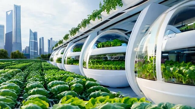 Futuristic design of urban farming systems nestled among towering skyscrapers, promoting sustainability and greenery in modern life