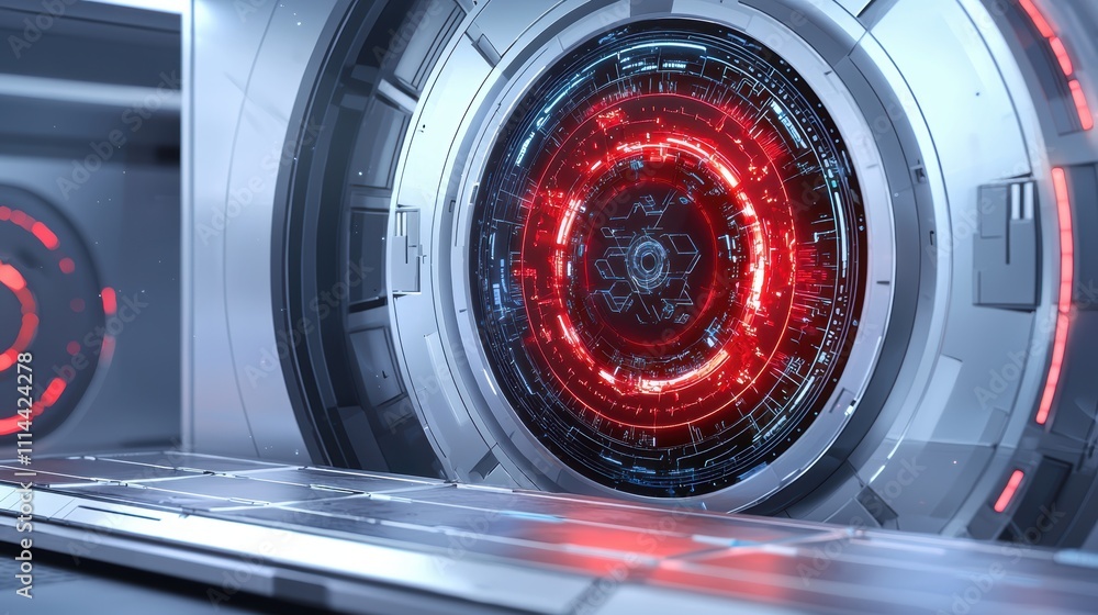 Aufkleber a futuristic, high-tech interface featuring a glowing red circular portal surrounded by sleek metall
