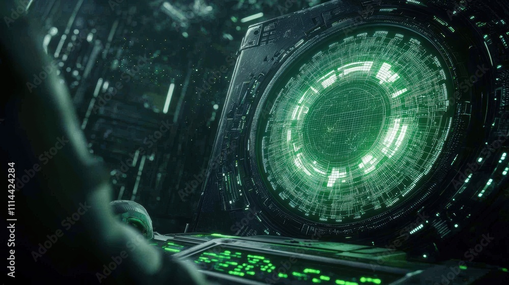 Poster a futuristic interface displays glowing green data, suggesting advanced technology and digital explo