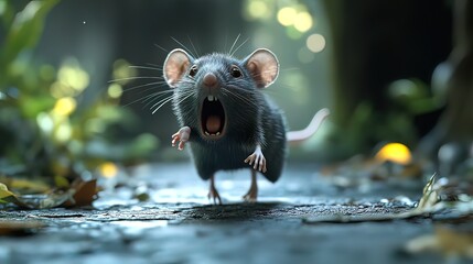 A 3D rendered image of a screaming mouse running on a forest path.