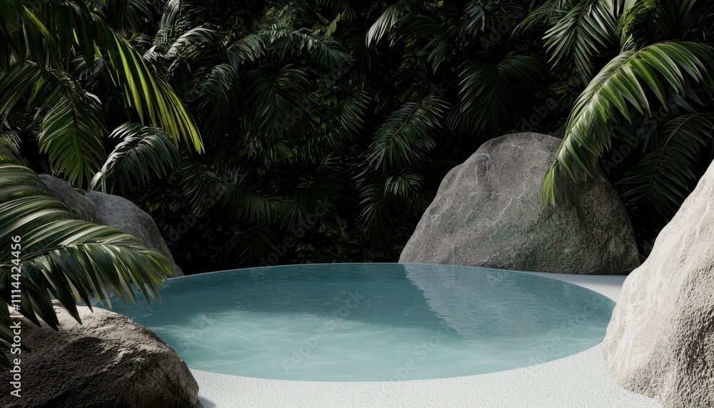 Poster a serene oasis featuring a circular pool surrounded by lush greenery and smooth rocks, creating a pe