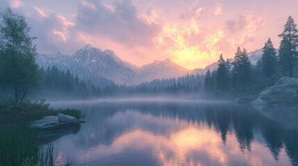 A serene landscape featuring a tranquil lake surrounded by mountains and trees, illuminated by a pastel-hued sunset reflecting on the water's surface.