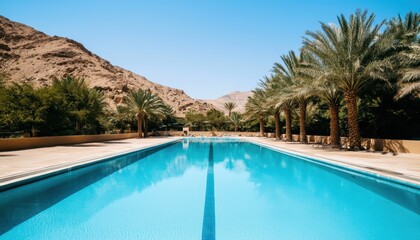 A serene pool surrounded by palm trees, set against a mountainous backdrop under a clear blue sky.