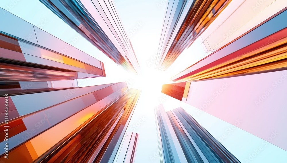 Poster a dynamic upward view of colorful skyscrapers reaching towards a bright sun, creating an inspiring c