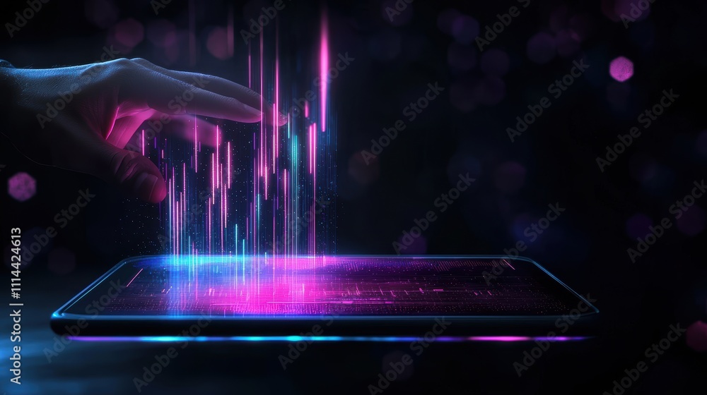 Aufkleber a glowing hand interacts with vibrant digital data streams above a tablet, symbolizing technology an