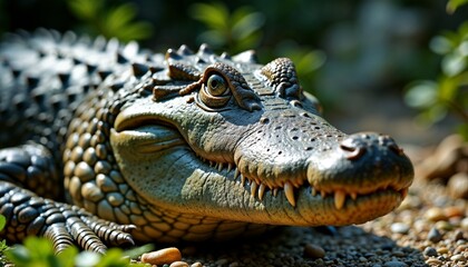Fototapeta premium Crocodile portrait with a fierce expression lounging on a rocky surface surrounded by greenery