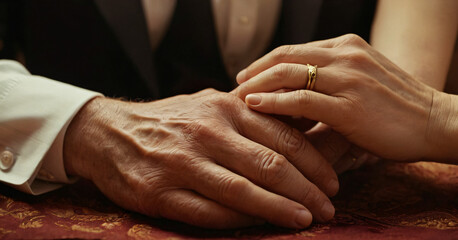 A wife's old hands clasp her man's old hands,