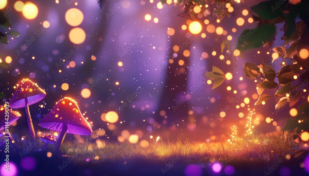 Poster a magical forest scene with glowing mushrooms and sparkling lights, creating an enchanting atmospher