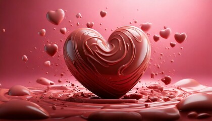 チョコレートハート、ピンクの背景、液体チョコレート、溶けたチョコレート、飛び散るハート、ロマンチックなデザイン、甘いイメージ、バレンタインデー、滑らかなチョコレート、愛の象徴