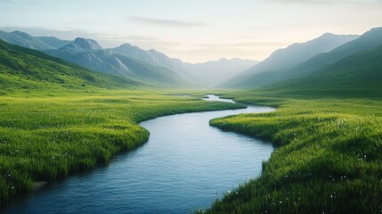 A serene landscape featuring a winding river surrounded by lush greenery and majestic mountains under a soft sky.