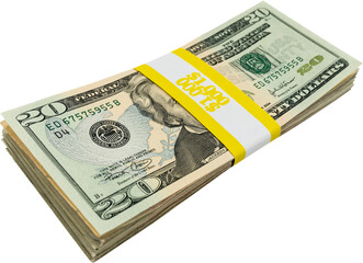A Bundle Of 20 Dollar Notes Isolated On a White Background, Twenty Dollars Bundle Currency Note Isolated On a White Background, USA Currency Notes PNG, USA currency Note Clipart 