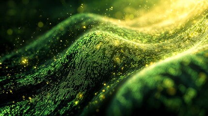 Flowing stream of binary code in green and yellow hues, representing data transfer and technology