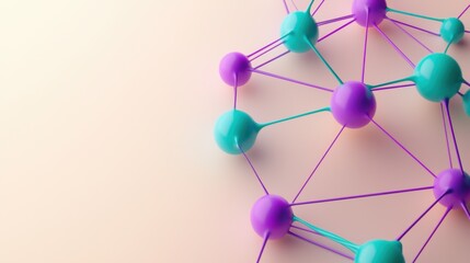 A colorful representation of molecular connections, featuring purple and turquoise spheres interconnected by lines, symbolizing scientific concepts.