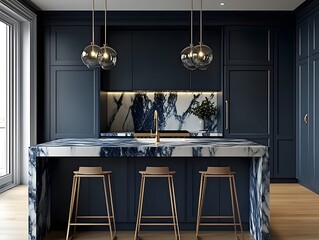 Sophisticated Kitchen Design:  A  modern kitchen interior with a navy blue cabinetry, marble island, and brass accents.