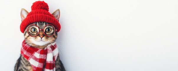Fototapeta premium A cute cat wearing a red knitted hat and a checkered scarf against a plain background, embodying a cozy winter vibe.