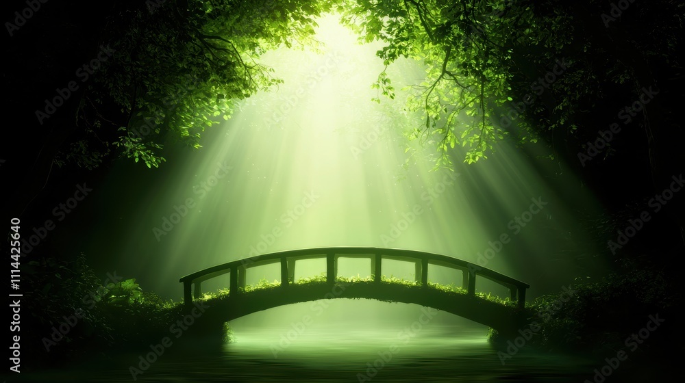 Poster a serene forest scene featuring a bridge illuminated by soft green light filtering through the trees