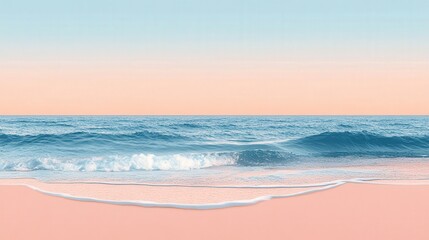 Obraz premium A serene beach scene with gentle waves lapping against a soft, pink shoreline under a pastel sky.