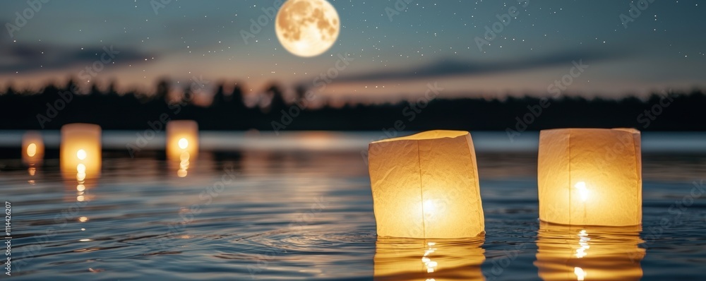 Poster tranquil scene of glowing lanterns floating on water under a full moon, creating a serene and magica