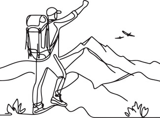 Line Art of Hiking Success Minimalist Drawing of Traveler with Backpack on Mountain Summit
