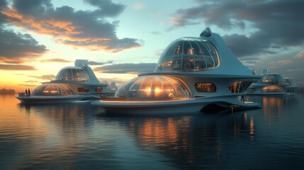 Obraz premium Floating modern homes at sunset in serene waters. Generative AI