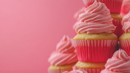 Delectable Pink Frosting Cupcakes on Vibrant Background