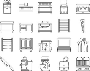 restaurant equipment kitchen cafe icons set vector. fryer commercial, professional industry, clean utensil, interior fridge, stainless restaurant equipment kitchen cafe black contour illustrations