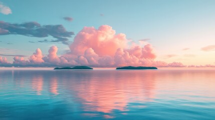 A serene seascape featuring tranquil waters, colorful clouds, and distant islands, creating a peaceful and picturesque sunset ambiance.