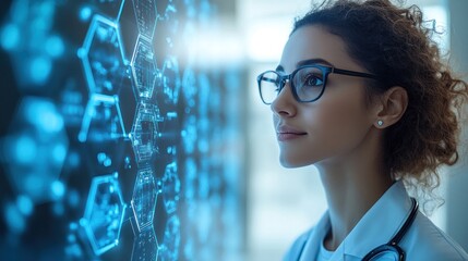 Female doctor viewing digital medical data on a screen.