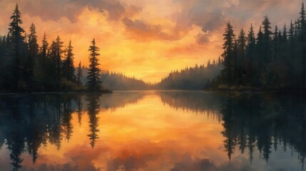 Fototapeta premium A serene sunset over a tranquil lake, surrounded by dense forests, with vibrant colors reflecting on the water's surface.