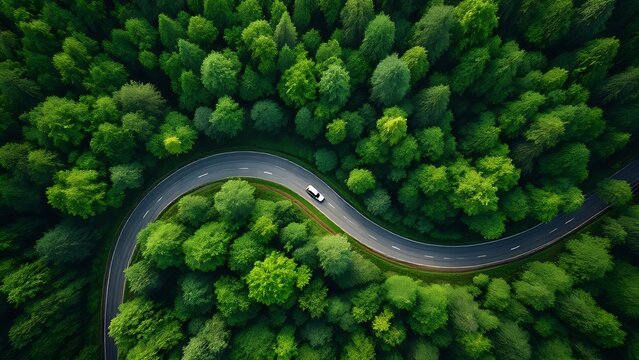 EV car, Electric car or hydrogen energy car on road midst forest and natural. Environmental friendly travel. Sustainable transportation and green logistic to Net zero carbon emission for Save earth.