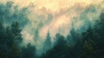 Obraz premium A serene forest landscape bathed in soft, misty light, showcasing layers of trees and a tranquil atmosphere.