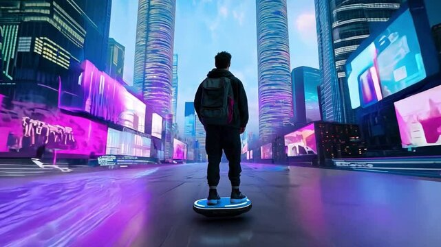 A guy glides on a hoverboard through a futuristic urban landscape filled with bright neon signs and towering skyscrapers during twilight