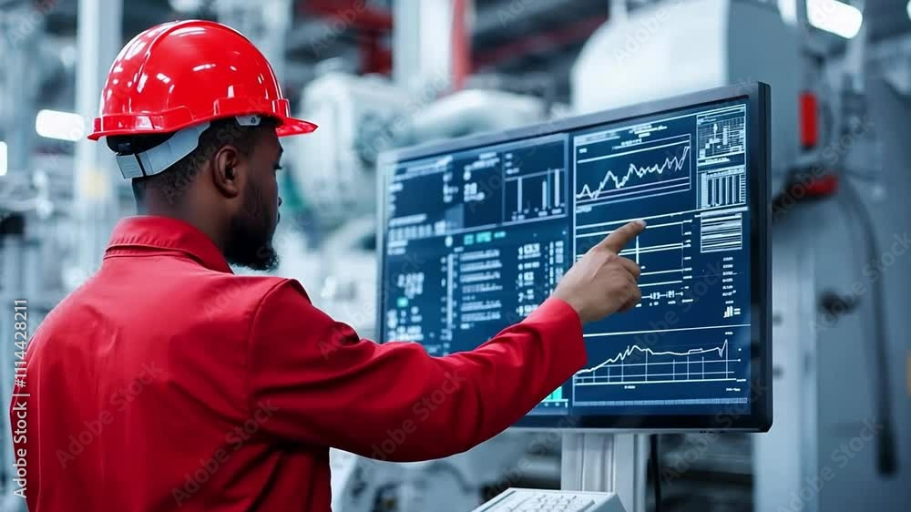 Aufkleber black worker man in a red uniform and hard hat monitors computer displays with complex data in a bus