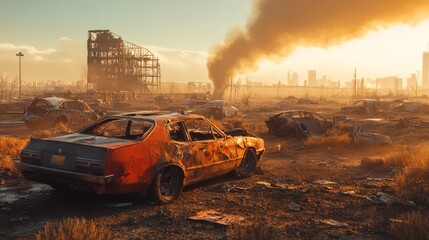 Realistic illustration of a post-apocalyptic landscape with damaged cars destroyed buildings and a smoking city