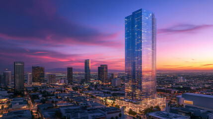 Naklejka premium Cityscape Skyscraper Dusk Reflection Modern Architecture