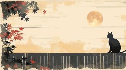 Vintage Autumn Scene with Black Cat on Fence.