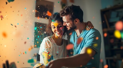 Fototapeta premium Photo of a couple redecorating a small apartment, painting a wall together while covered in splashes of color.