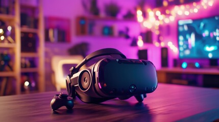 Futuristic Gaming Setup with Headset and Controllers