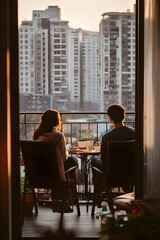 Photo of a couple enjoying a morning coffee together on their balcony, watching the city wake up below.