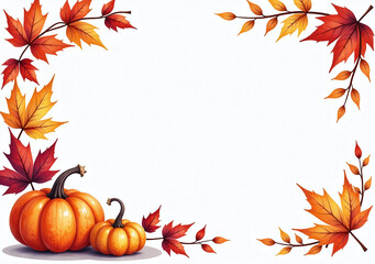 autumn watercolor frame features fall foliage colorful pumpkins white backdrop holiday decoration