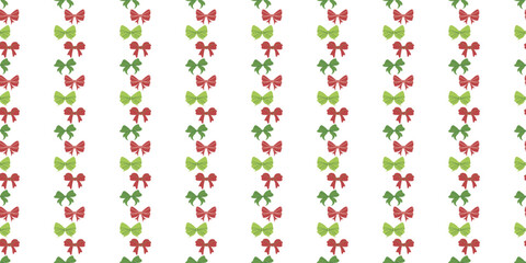 Seamless pattern of green and red bows on a white background.