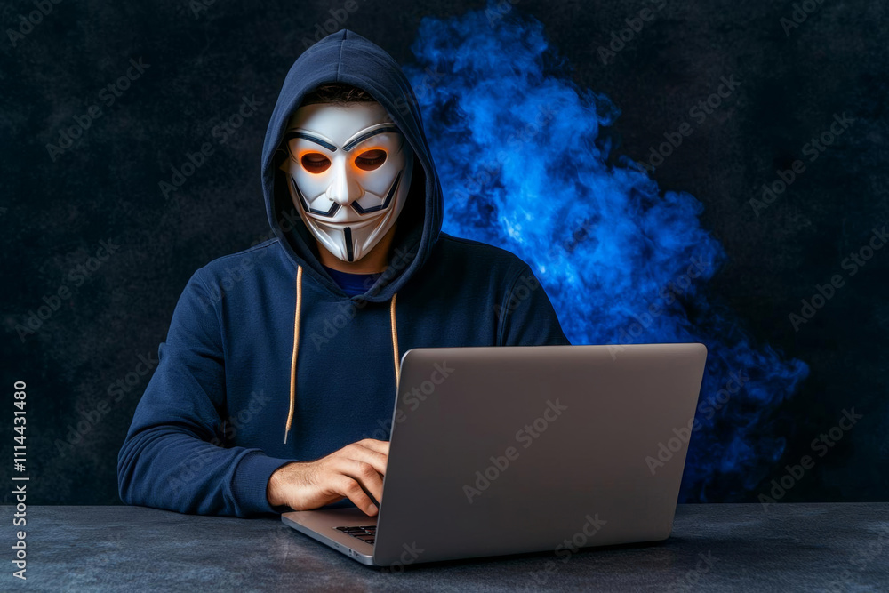 Poster minimal photostock of a hacker man typing on laptop, hacking computer system