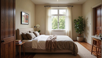 Fototapeta premium Cozy and inviting bedroom with soft bedding and natural light, minimalist decor, relaxing atmosphere, copy space 