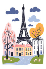 Colorful flat illustration poster of Paris with the Eiffel Tower