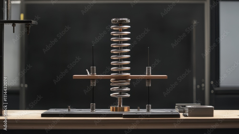 Poster spring mechanism demonstration on a laboratory workbench showcasing physics principles