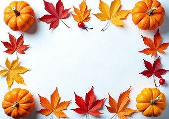 Obraz premium colorful autumn flat lay dried leaves pumpkins berries white