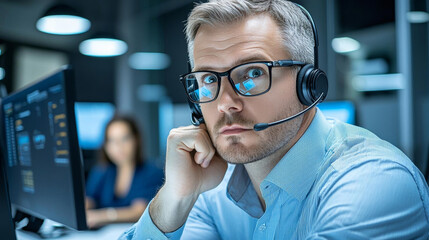 minimal photostock of a  Serious Young Caucasian Man with Headset, Successful Manager of Call Center Sits in Office, Uses Computer, Talking on Video Conference with Client or Emplo
